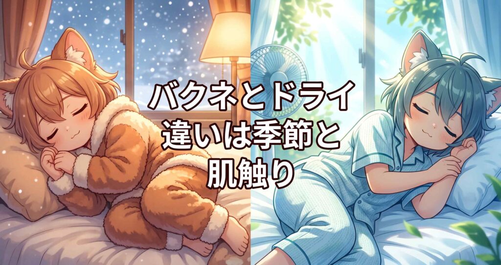 アニメ調の分割画像。左側は冬の温かい寝室で寝る猫耳キャラクター（BAKUNE）、右側は夏の涼しい寝室で寝る猫耳キャラクター（BAKUNE Dry）。中央に「バクネとドライ 違いは季節と 肌触り」と表示されている。