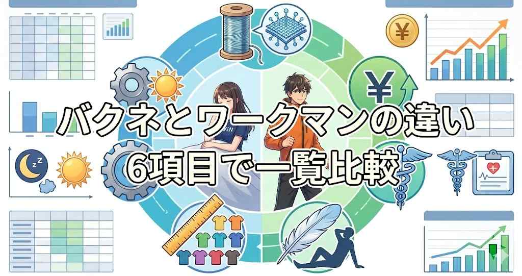 アニメ調のインフォグラフィック見出し画像。中央に「バクネとワークマン違い」と「6項目で一覧比較」のテキスト。周囲に繊維・技術、価格・コスパ、医療機器、着心地、サイズ・カラー、設計思想を表す6つのアイコンが円状に並び、背景には比較データやグラフ、前回のキャラクターが小さく描かれている。