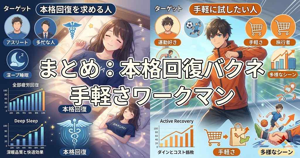 アニメ調のまとめ見出し画像。中央に「まとめ：本格回復バクネ」と「手軽さワークマン」のテキスト。左側に眠る女性と「本格回復を求める人」のターゲット層（アスリート、多忙な人、本格回復）、右側にアクティブな男性と「手軽に試したい人」のターゲット層（運動好き、旅行者、手軽さ、多様なシーン）が対比的に配置されている。