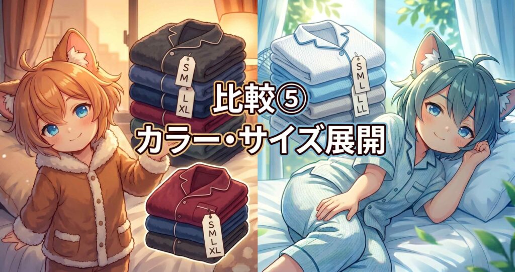 アニメ調の分割画像。左側は温かい寝室でBAKUNEの畳まれたパジャマ（濃い色、S/M/L/XLタグ）を持つキャラクター。右側は涼しい寝室でBAKUNE Dryの畳まれたパジャマ（薄い色、S/M/L/LLタグ）を持つキャラクター。中央に「比較⑤ カラー・サイズ展開」と表示されている。
