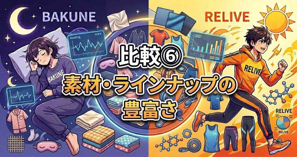 比較6:バクネとリライブの素材およびラインナップの豊富さ比較