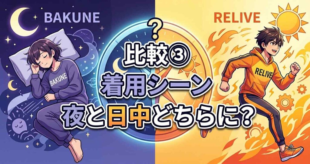 比較3:バクネとリライブの着用シーン(夜と日中)の比較