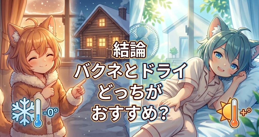 アニメ調の分割画像。左側は冬の窓辺でBAKUNEを着るキャラクター（冬・寒がり）。右側は夏の窓辺でBAKUNE Dryを着るキャラクター（夏・暑がり）。中央に「結論 バクネとドライ どっちが おすすめ？」と表示されており、キャラクターがそれぞれの側を指差している。