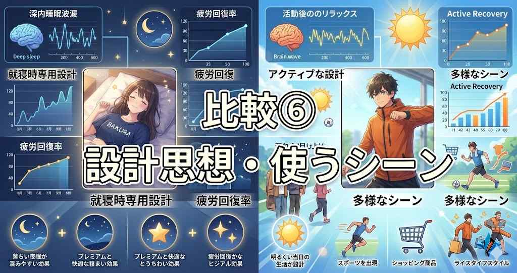 アニメ調の設計思想・シーン比較見出し画像。中央に「比較⑥」と「設計思想・使うシーン」のテキスト。左側に眠る女性と脳波図、疲労回復グラフ、夜空、リラックスした雰囲気、右側にアクティブな男性と脳波図、アクティブリカバリーグラフ、スポーツ、ショッピング、昼間の雰囲気が対比的に配置されている。
