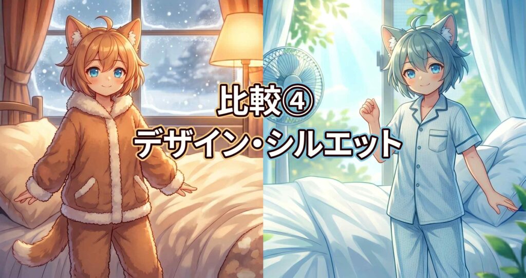 アニメ調の分割画像。左側は温かい寝室でBAKUNEのパジャマ（ボリューム感、ふわふわ生地）を着るキャラクター。右側は涼しい寝室でBAKUNE Dryのパジャマ（スリム感、メッシュ生地）を着るキャラクター。中央に「比較④ デザイン・シルエット」と表示されている。
