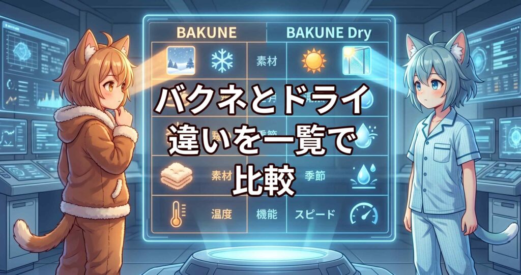 アニメ調。近未来的なデータセンターで、2人の猫耳キャラクターがBAKUNEとBAKUNE Dryの違いを示すホログラムの比較表を見ている。中央に「バクネとドライの 違いを一覧で 比較」と表示されている。