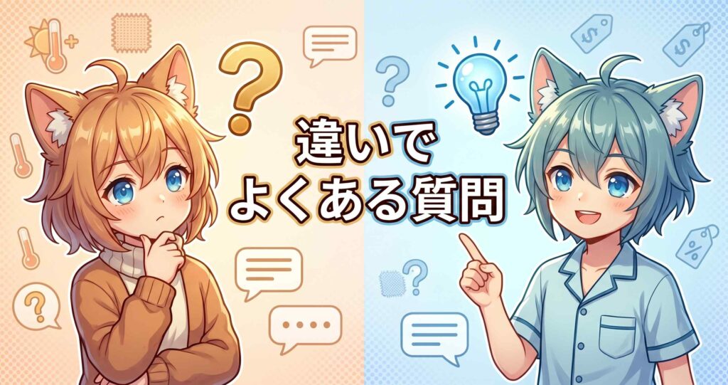 アニメ調。同じ2人の猫耳キャラクターが、BAKUNEとBAKUNE Dryの違いに関するよくある質問（？、💡、吹き出し）のフォーラムインターフェースの中にいる。中央に「違いでよくある質問」と表示されている。