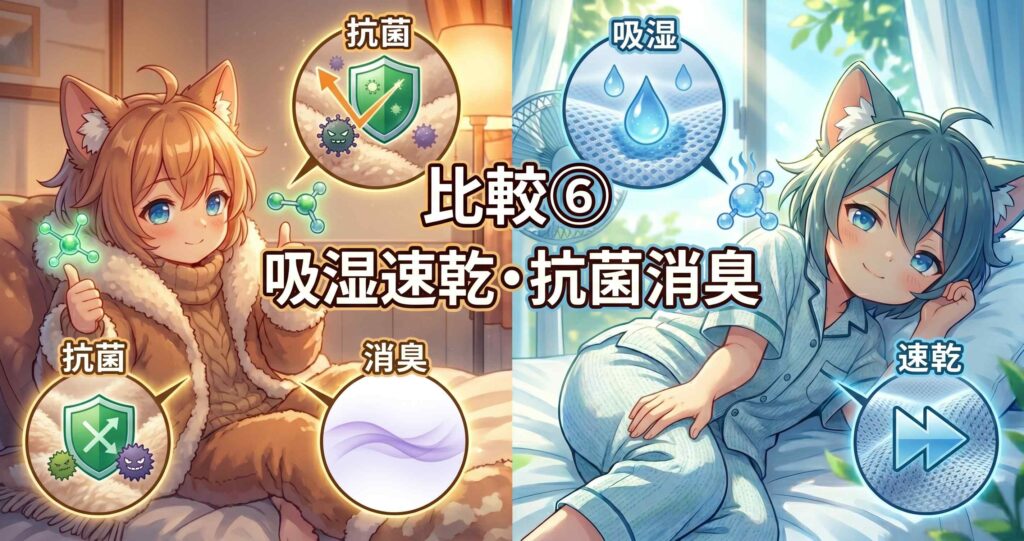 アニメ調の分割画像。左側はBAKUNEの生地の拡大図に「抗菌」「消臭」のアイコンとThumbs upのキャラクター。右側はBAKUNE Dryの生地の拡大図に「吸湿」「速乾」のアイコンと微笑むキャラクター。中央に「比較⑥ 吸湿速乾・抗菌消臭」と表示されている。