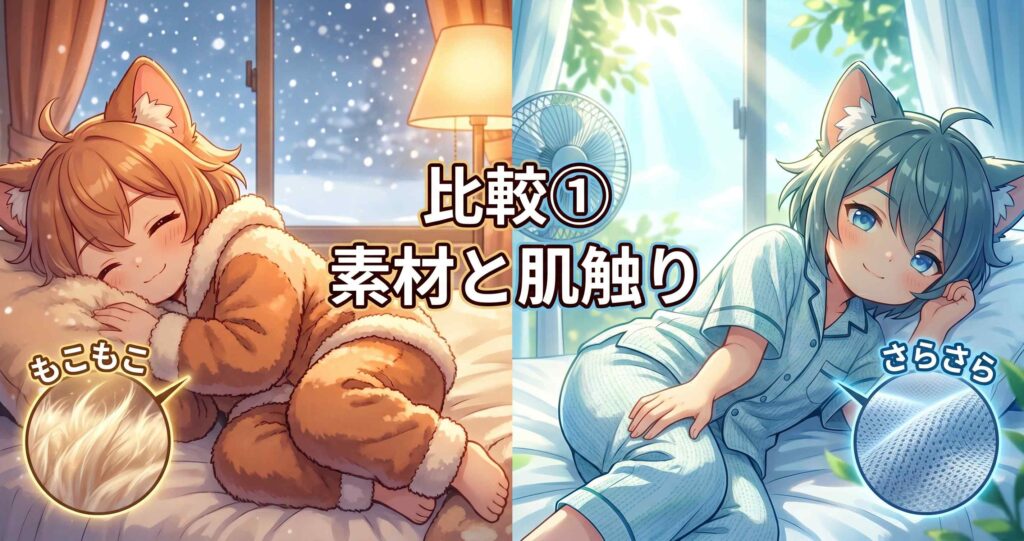 アニメ調の分割画像。左側は温かい寝室でBAKUNEのふわふわな生地に顔を埋めるキャラクター（「もこもこ」の拡大図）。右側は涼しい寝室でBAKUNE Dryの滑らかな生地に触れるキャラクター（「さらさら」の拡大図）。中央に「比較① 素材と肌触り」と表示されている。