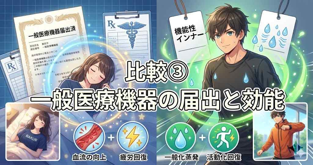 アニメ調の医療機器比較見出し画像。中央に「比較③」と「一般医療機器の届出と効能」のテキスト。左側に眠る女性と「一般医療機器届出済」の証明書、医療チャート、血流向上や疲労回復の図解、右側にアクティブな男性と「機能性インナー」のタグ、汗の蒸発、活動化回復の図解が対比的に配置されている。