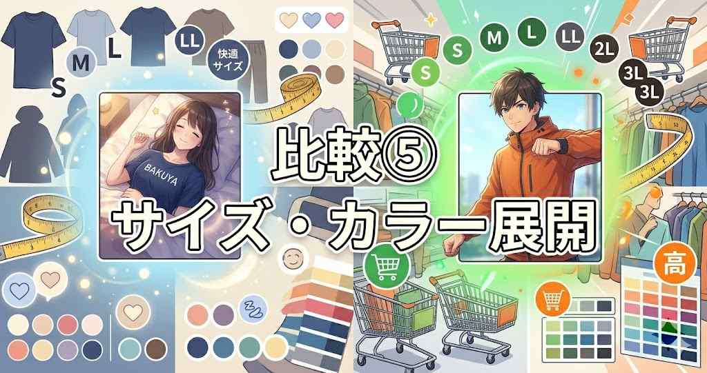 アニメ調のサイズ・カラー展開比較見出し画像。中央に「比較⑤」と「サイズ・カラー展開」のテキスト。左側に眠る女性とS, M, L, LLのサイズ、快適なカラーパレット、メジャー、右側にアクティブな男性とSから3Lまでのサイズ、アクティブなカラーパレット、ショッピングカート、メジャーが対比的に配置されている。