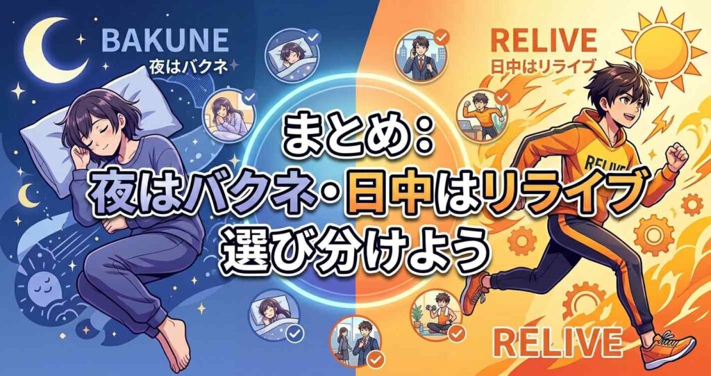 まとめ:夜はバクネ、日中はリライブという生活シーンに合わせた選び分けの推奨