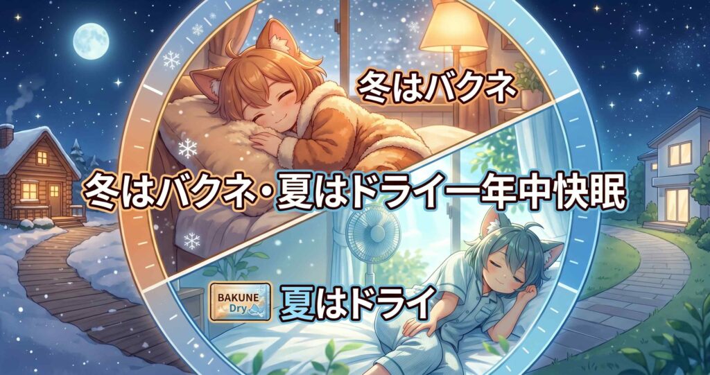 アニメ調。大きな円形カレンダーが斜めに分割されている。上（冬）はBAKUNEで寝るキャラクター（雪、冬はバクネ）、下（夏）はBAKUNE Dryで寝るキャラクター（扇風機、夏はドライ）。中央に「冬はバクネ・夏はドライ一年中快眠」と表示されている。