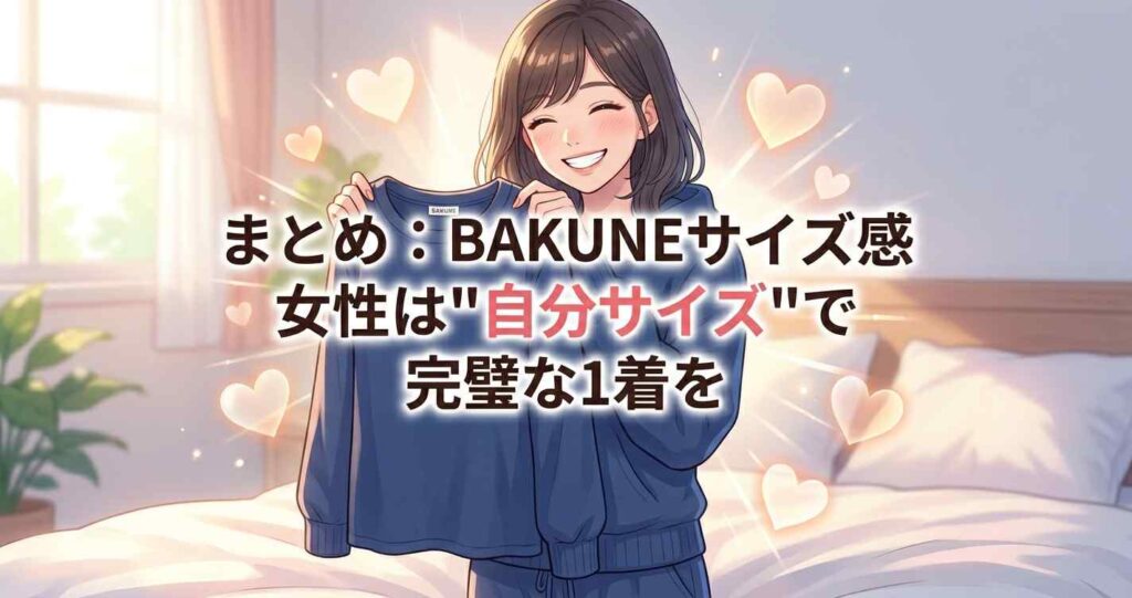 BAKUNEの女性向けサイズ感は自分サイズが最適であり、最高の1着を選ぶためのまとめ