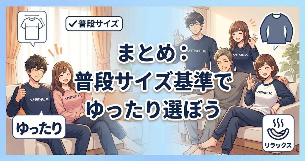 ベネクスのリカバリーウェアは普段のサイズを基準にゆったり選ぶのがおすすめというまとめ
