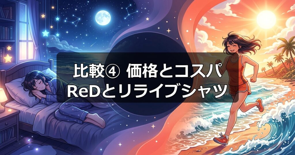 ReDリカバリーウェアとリライブシャツの販売価格および長期的なコストパフォーマンスの比較。