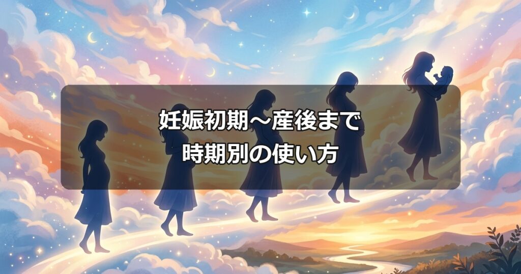 妊娠初期から産後までのサイズ・着用の確認ポイントを時期別に示すイメージ