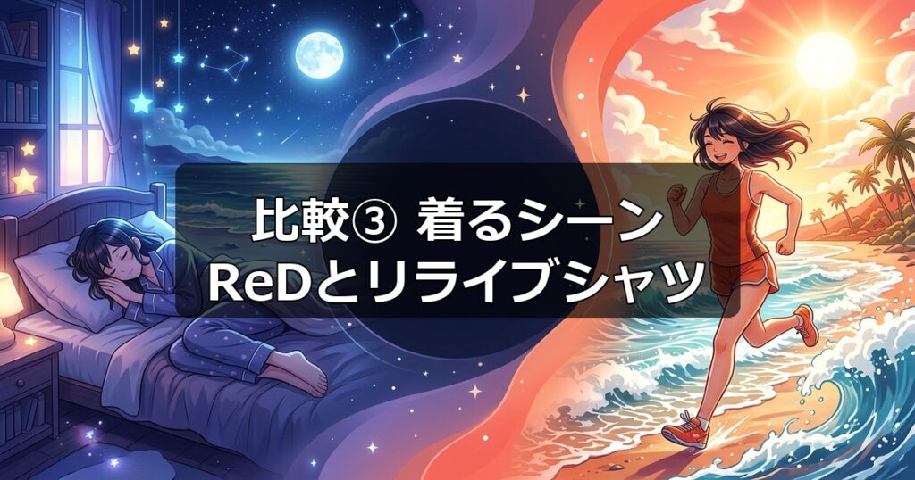 就寝時やリラックスタイム、アクティブな日中など、ReDリカバリーウェアとリライブシャツを着用する向いているシーンの比較。