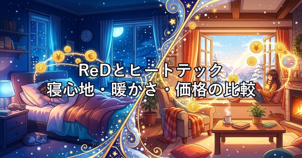 ReDリカバリーウェアとヒートテックを、就寝時の相性、暖かさの出方、価格の違いで比較している様子