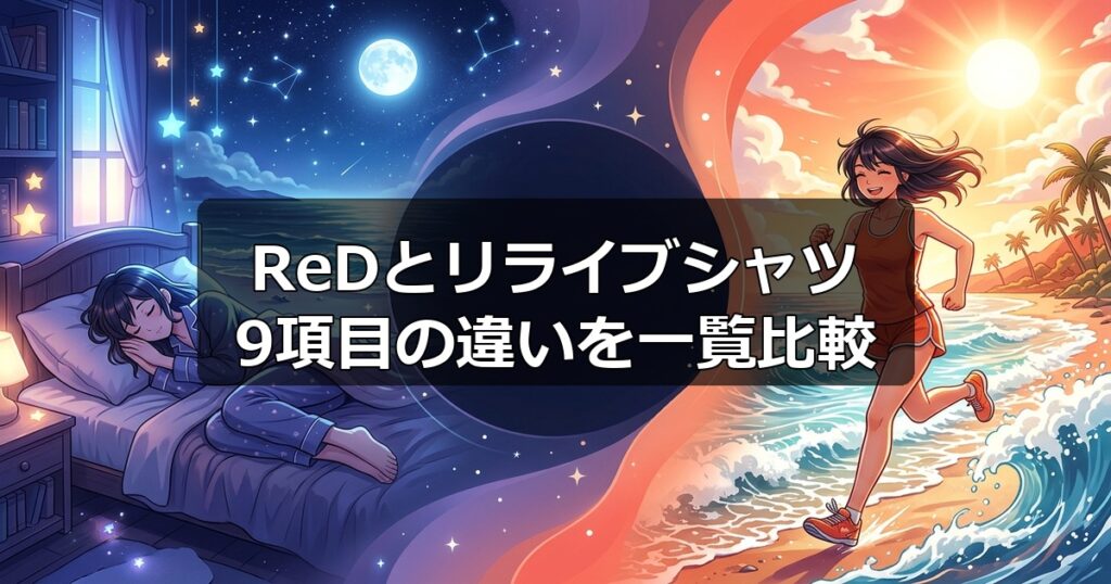 ReDリカバリーウェアとリライブシャツの性能や特徴を9つの項目でまとめた比較表のビジュアル。