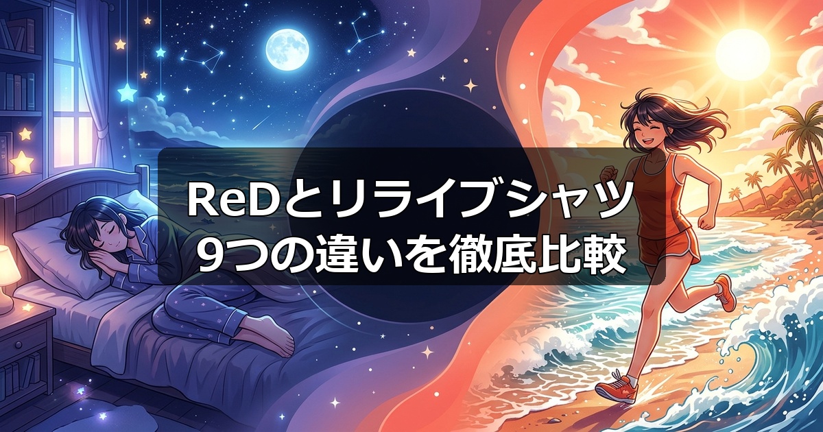 睡眠による疲労回復を促す青い夜空のイメージと、身体のパフォーマンスを引き出す活発な赤い太陽のイメージを対比させ、ReDリカバリーウェアとリライブシャツの違いを分かりやすく表現したビジュアル。