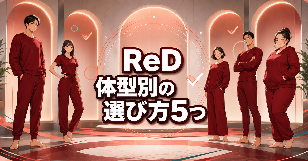 5人の体型別モデルでReDリカバリーウェアのサイズ感と選び方を示す場面
