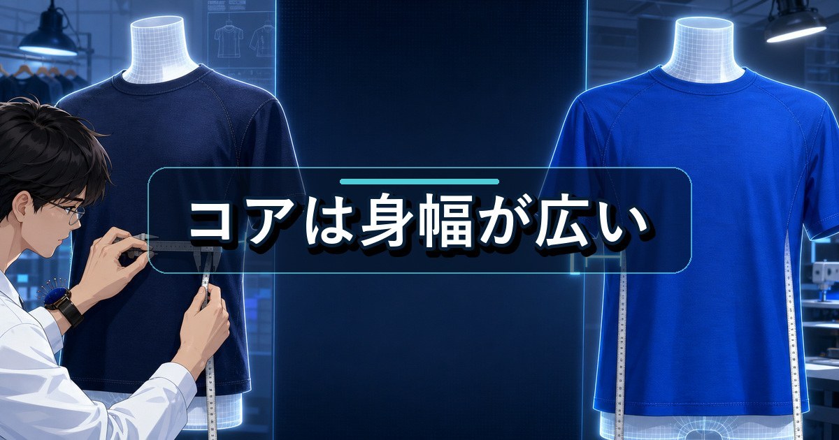 リライブシャツコアのサイズ感と標準タイプの身幅差を比べる場面
