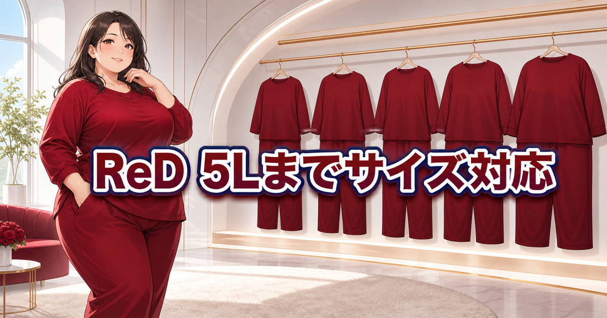 ReDリカバリーウェアの大きいサイズが5Lまで対応する展示と着用例