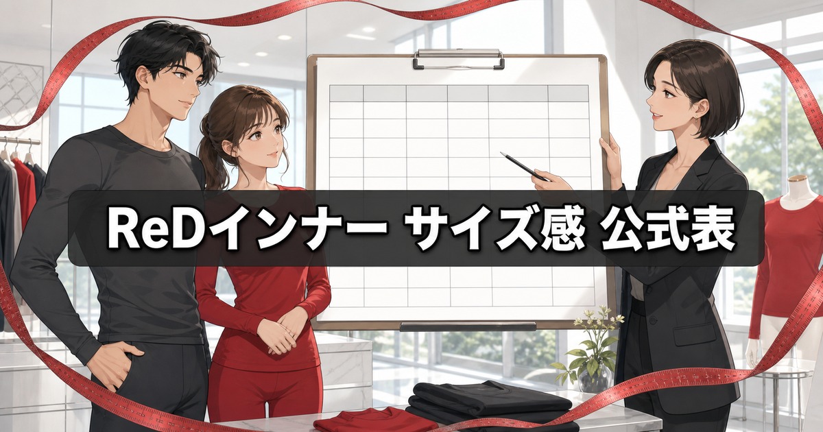 ReD インナーのサイズ感を公式サイズ表で確認する男女とスタッフ