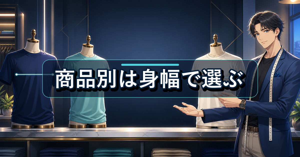 商品ごとに異なるリライブシャツのサイズ感を身幅で見比べる場面