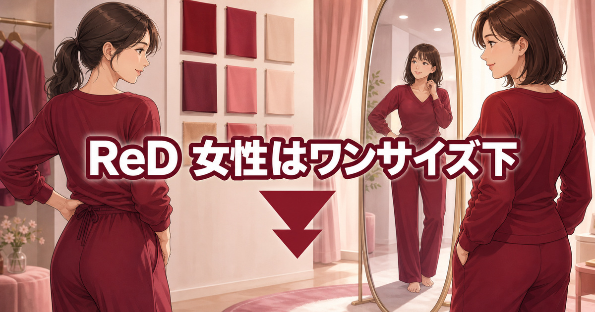 女性がReDリカバリーウェアのサイズ感を鏡で確認しワンサイズ下を検討する場面