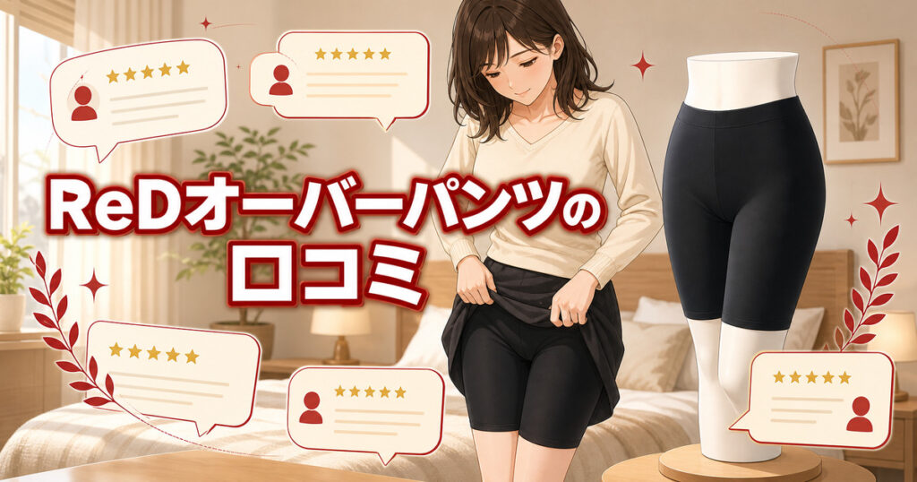 ReDオーバーパンツの口コミを確認し、黒い薄手インナーを選ぶ女性
