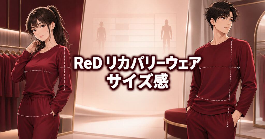 ReDリカバリーウェアのサイズ感を男女の着用シーンと採寸線で紹介するメインビジュアル