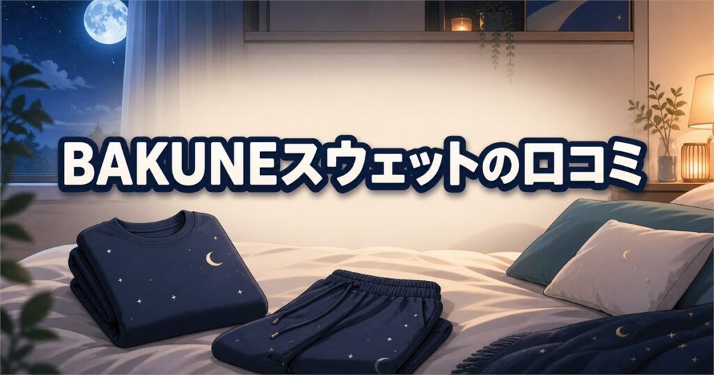BAKUNEスウェットの口コミを紹介する夜の寝室とネイビーの上下
