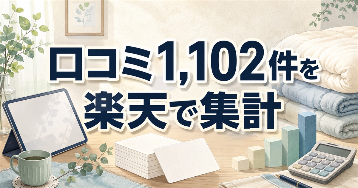 BAKUNE掛け布団の楽天の口コミ1,102件を集計するタブレットとレビューカード